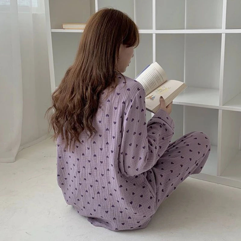 Purple Pajama Sets for Women Lovely Prints Spring Korean Fashion Home Sleepwear Ins College Sweet Girls Turn-Down Collar Pajamas