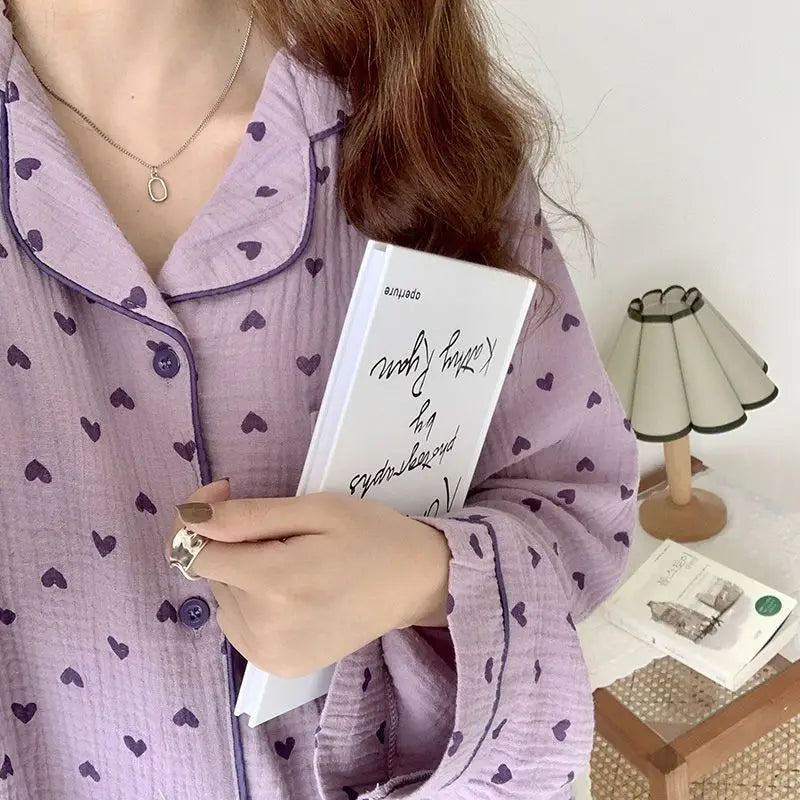 Purple Pajama Sets for Women Lovely Prints Spring Korean Fashion Home Sleepwear Ins College Sweet Girls Turn-Down Collar Pajamas