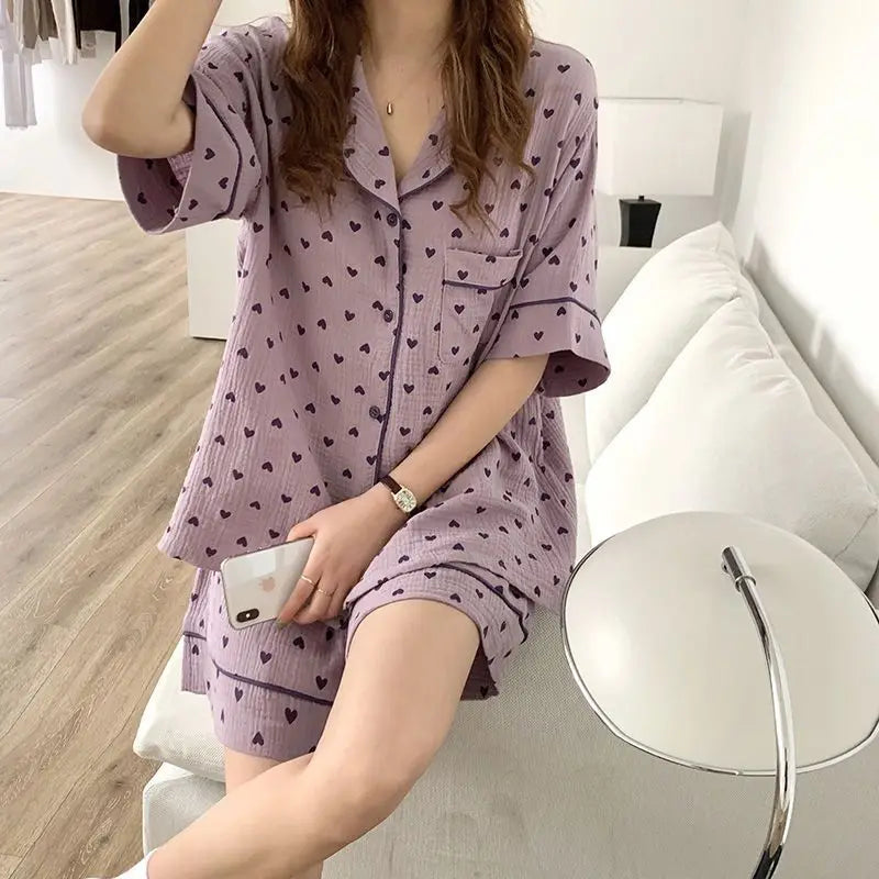 Purple Pajama Sets for Women Lovely Prints Spring Korean Fashion Home Sleepwear Ins College Sweet Girls Turn-Down Collar Pajamas
