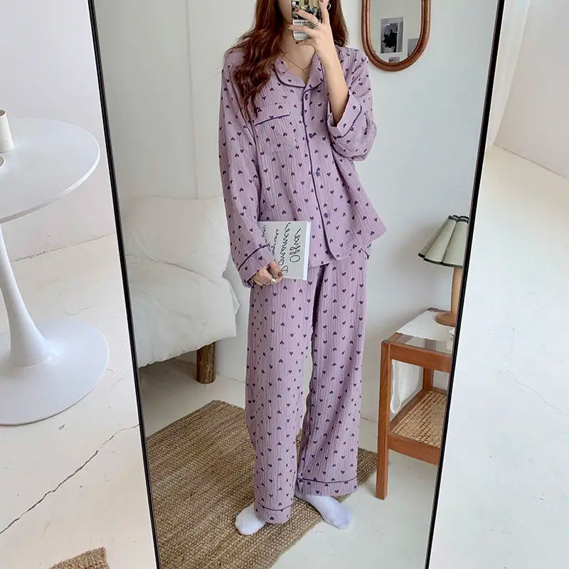 Purple Pajama Sets for Women Lovely Prints Spring Korean Fashion Home Sleepwear Ins College Sweet Girls Turn-Down Collar Pajamas