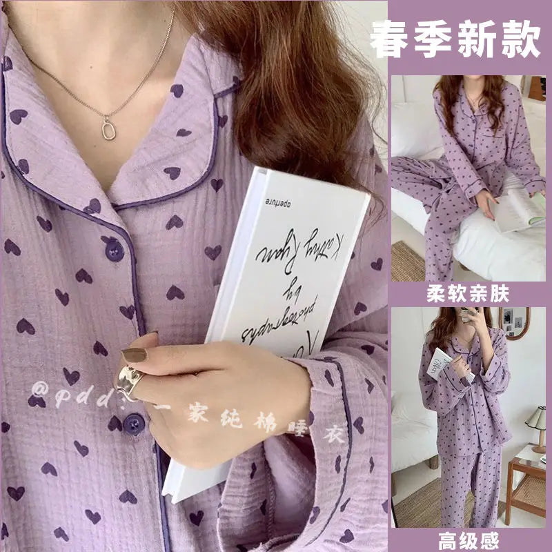 Purple Pajama Sets for Women Lovely Prints Spring Korean Fashion Home Sleepwear Ins College Sweet Girls Turn-Down Collar Pajamas